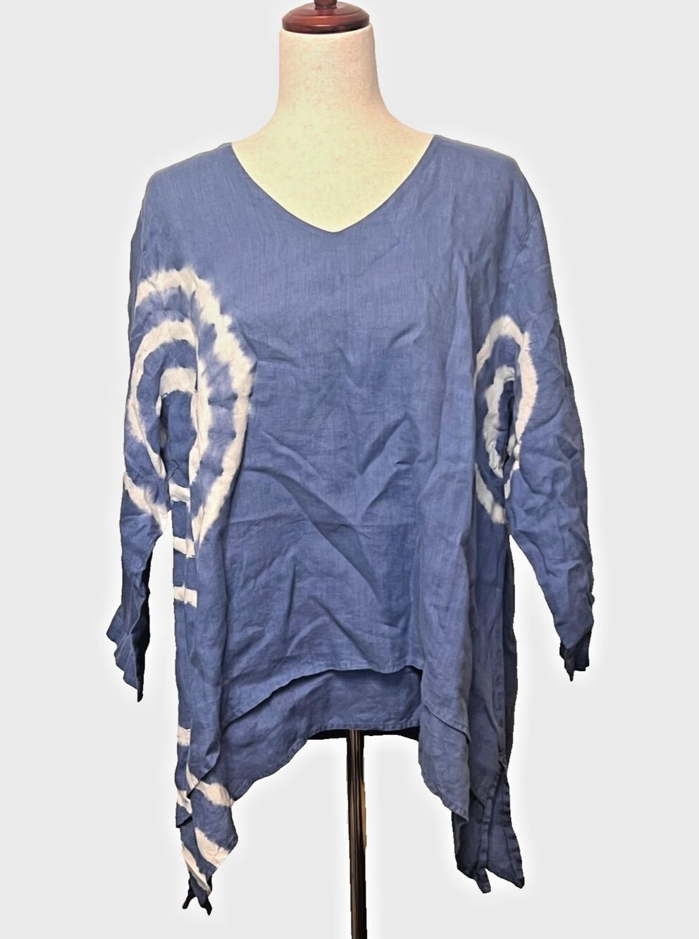 La Fixsun Women's L Tunic Top 100% Linen Blue Tie Dye Lagenlook Beach Artsy EUC